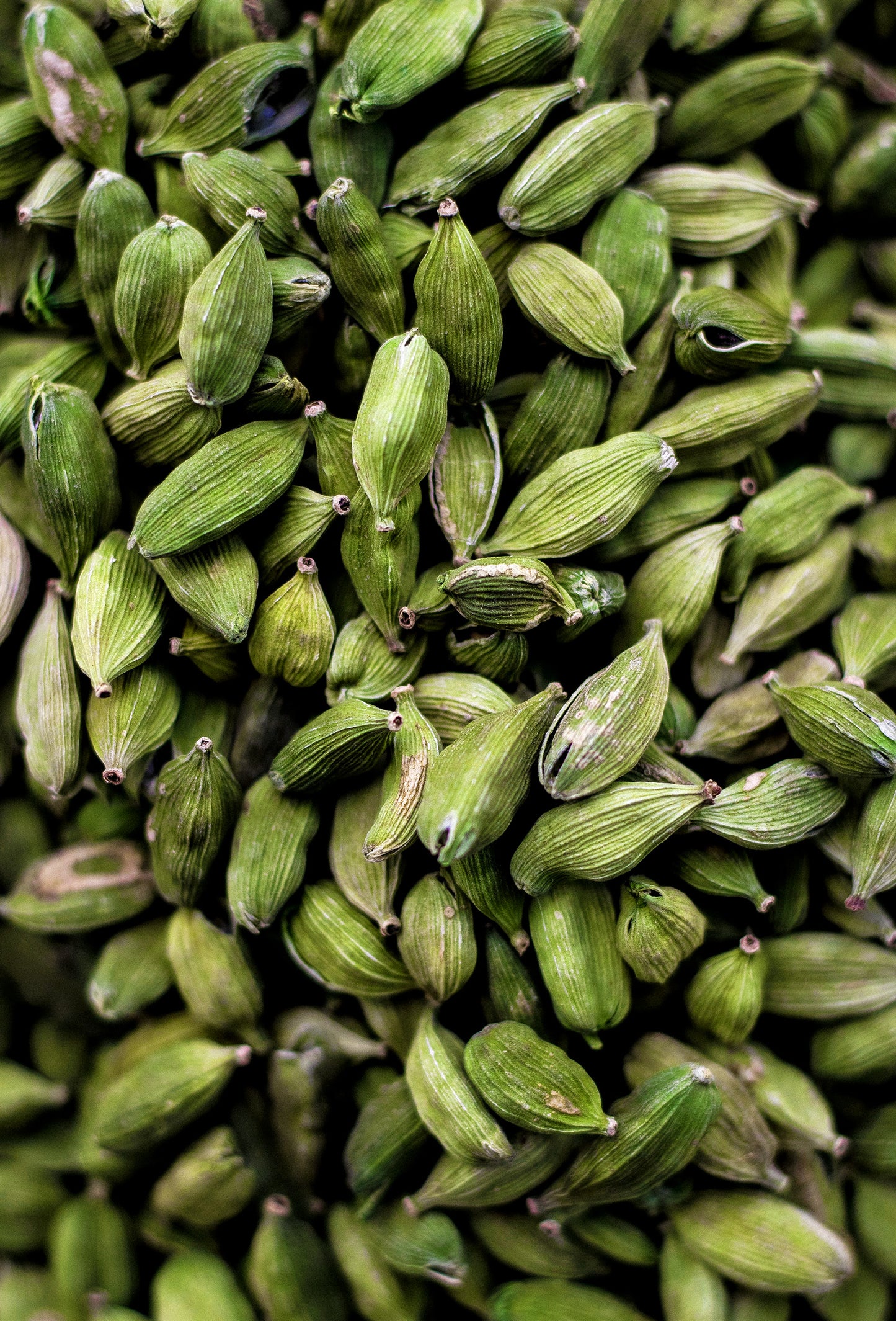 Whole green cardamom pods with ridged shells