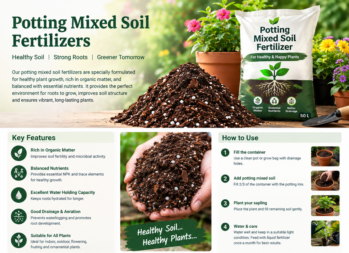 Potting mixed soil fertilizers brochure with product overview, features and usage illustrations