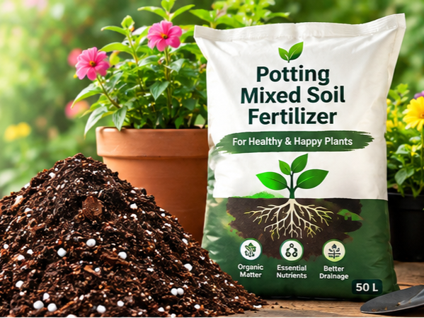 Potting mixed soil fertilizer bag beside a potted flowering plant and loose potting mix
